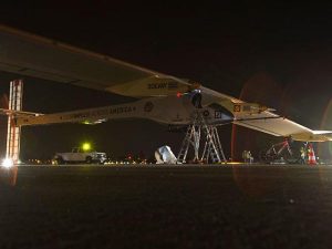 Solar Impulse aircraft sits on the Runway at Moffett Field before the the first leg of its 2013 Across America Mission in Mountain View